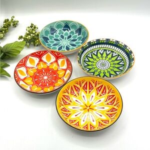 4 Yedwo Bohemian under glazed ceramic bowls. Multi festive Colors.